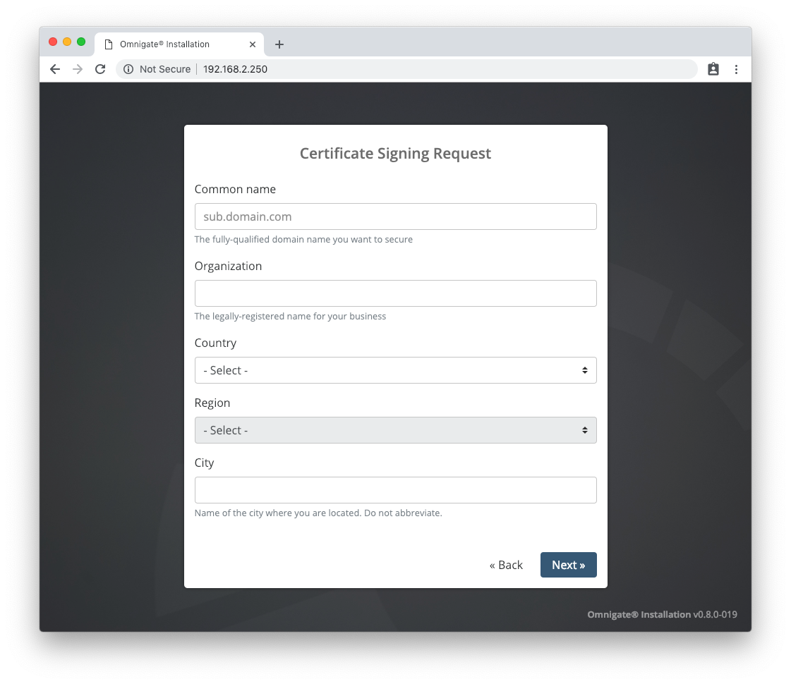 Certificate Signing Request creation screen