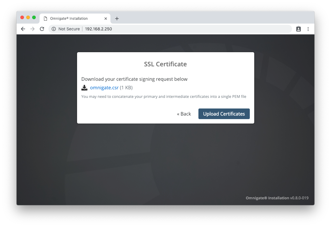 SSL certificate upload screen